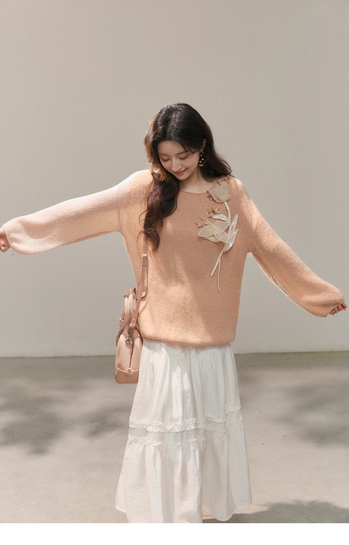 Mishow Pinkish Beige 3D Floral Applique Crew Neck Sweater MXE47Z2649