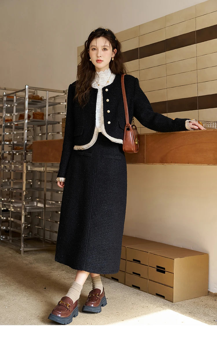 Mishow Wool Blend Short Coat & Rear Split A-Line Skirt Set MXC56W0162