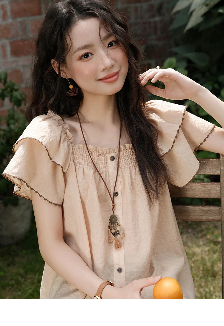 MISHOW Butterfly Sleeve Blouse Square Neck Button Loose MXE37X1854