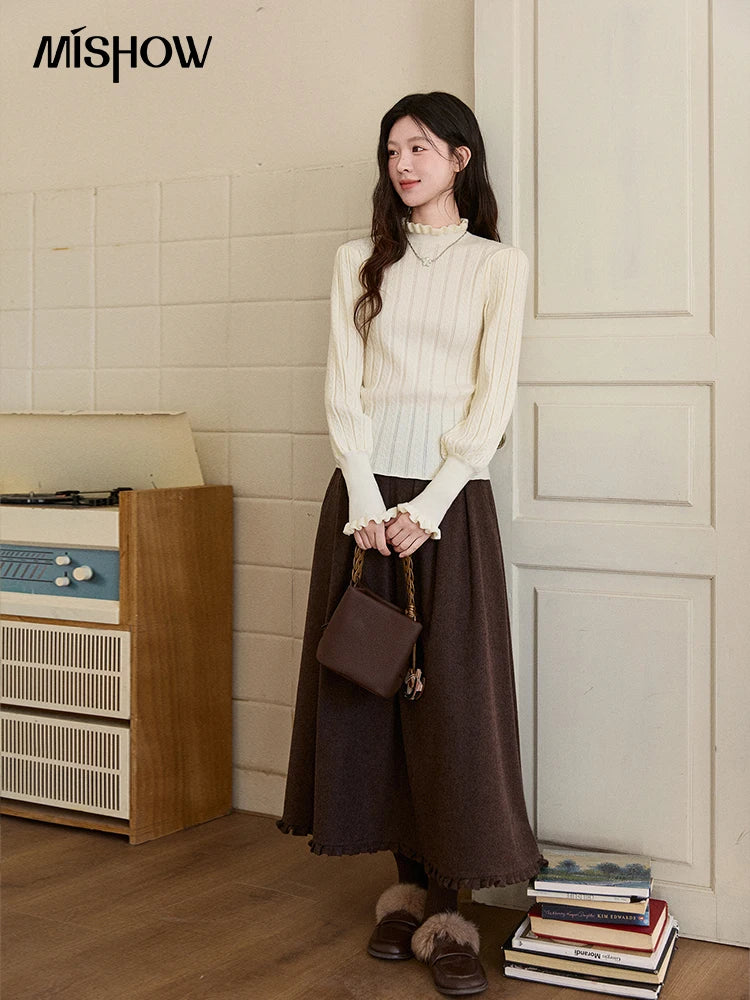 Mishow Half Turtleneck Ruffle Lantern Sleeve Top MXE93Z2810