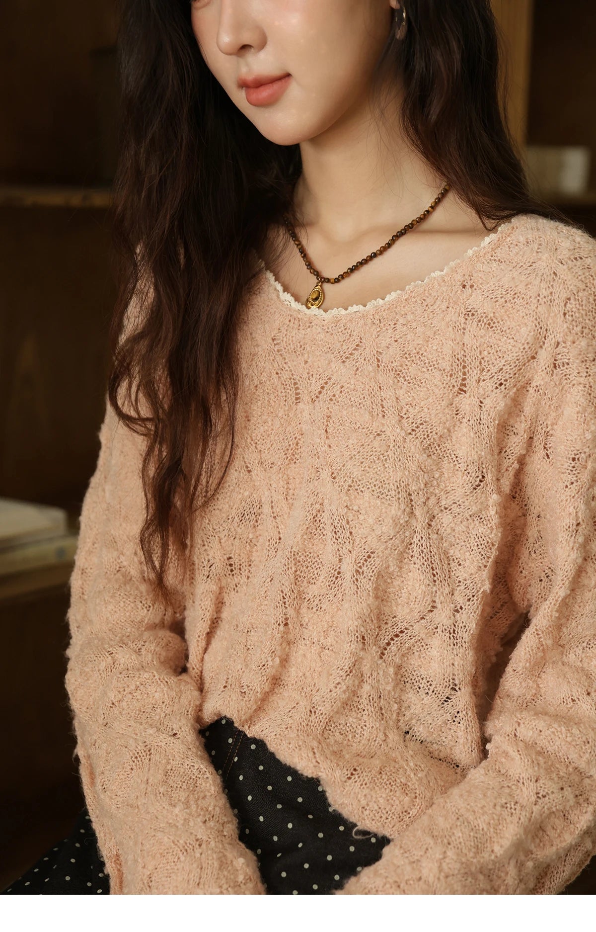 Mishow Bamboo Loop Yarn Hollow V-Neck Lace Sweater MXE43Z1349