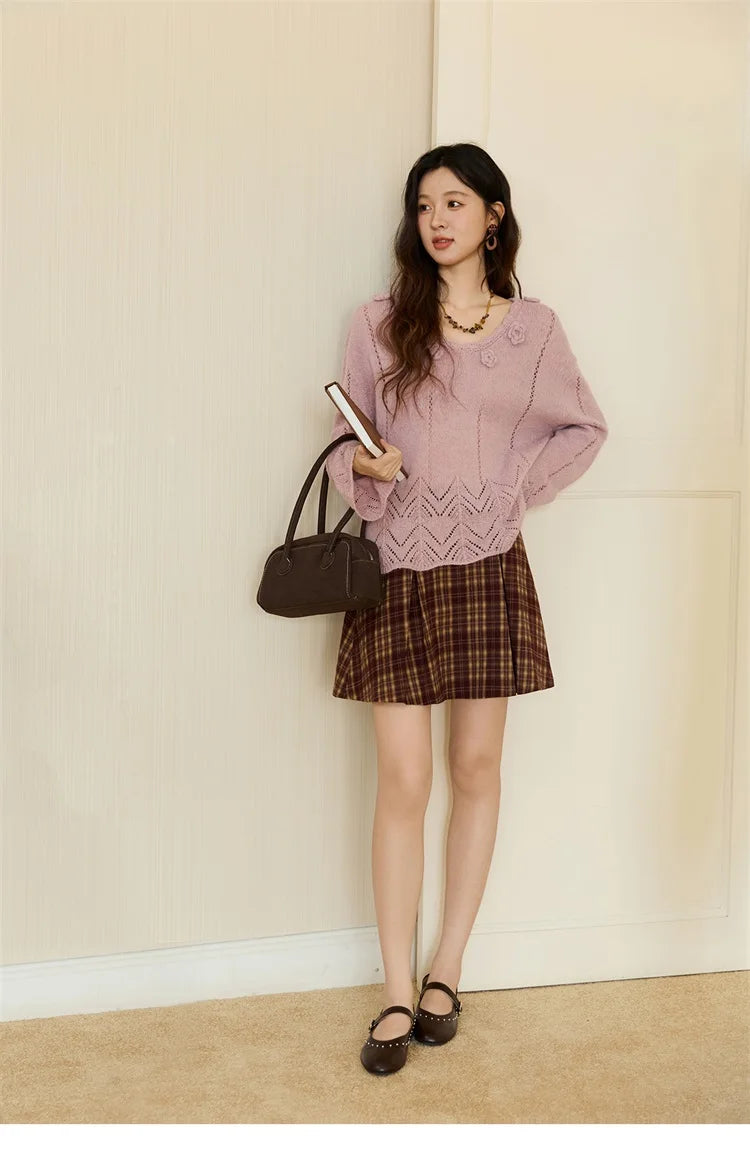 Mishow Purple Hollow Wave V-Neck Crochet Pullover MXE45Z1391