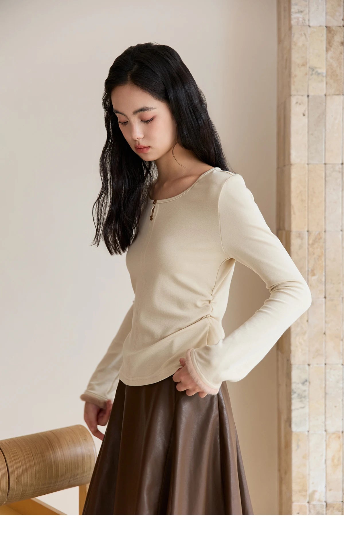 Mishow Apricot Brushed Knit Pleated Pullover MXE48Z2517