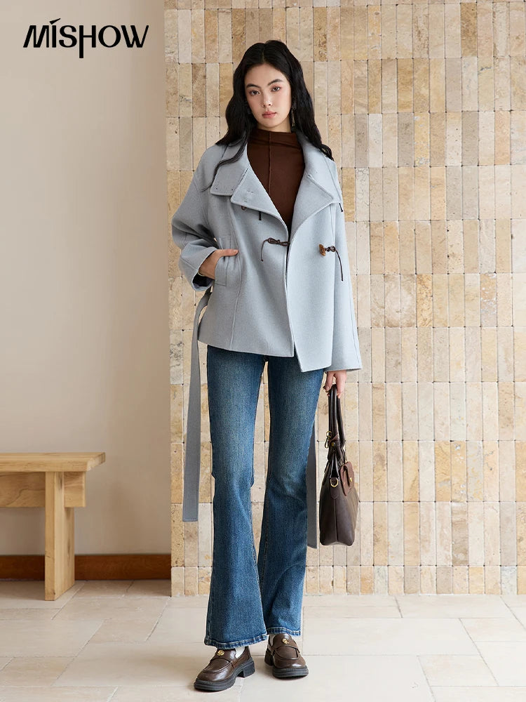 Mishow Blue Double-Breasted Lace Up Woolen Coat MXE51W0872