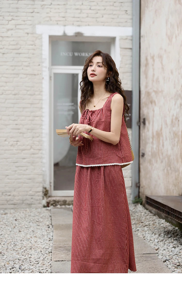 Mishow French Red Stripe Square Neck Tank & Elastic Waist Skirt Set MXD30X1631