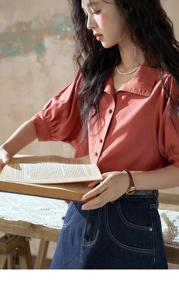 MISHOW Short Sleeve Blouse Lapel Simple Loose Fit MXD28C0247