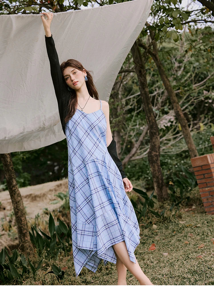 Mishow Blue Plaid Sleeveless A-Line Dress MXE33L2260