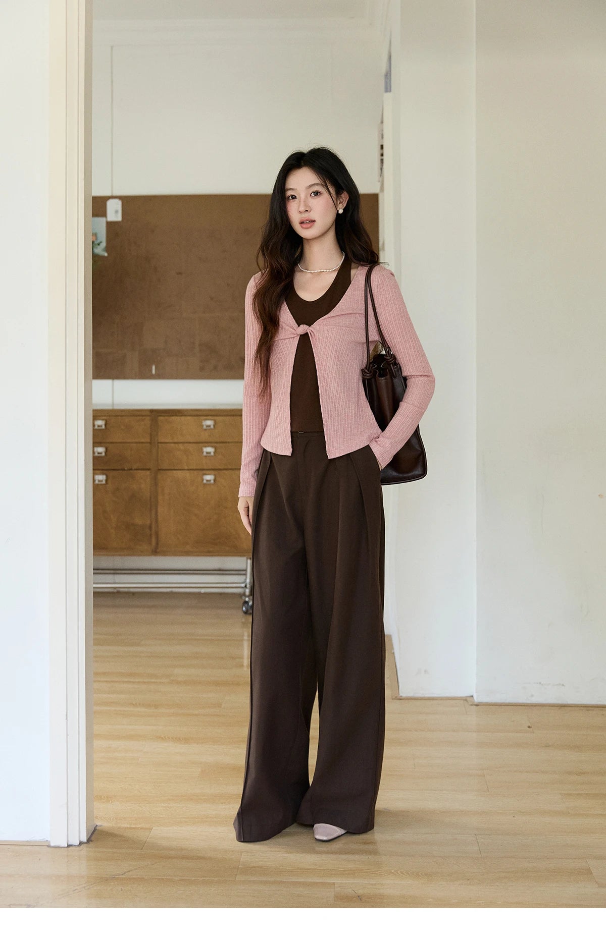 Mishow Pink Brown Fake Two-Piece Knot Front Top MXF11Z2912