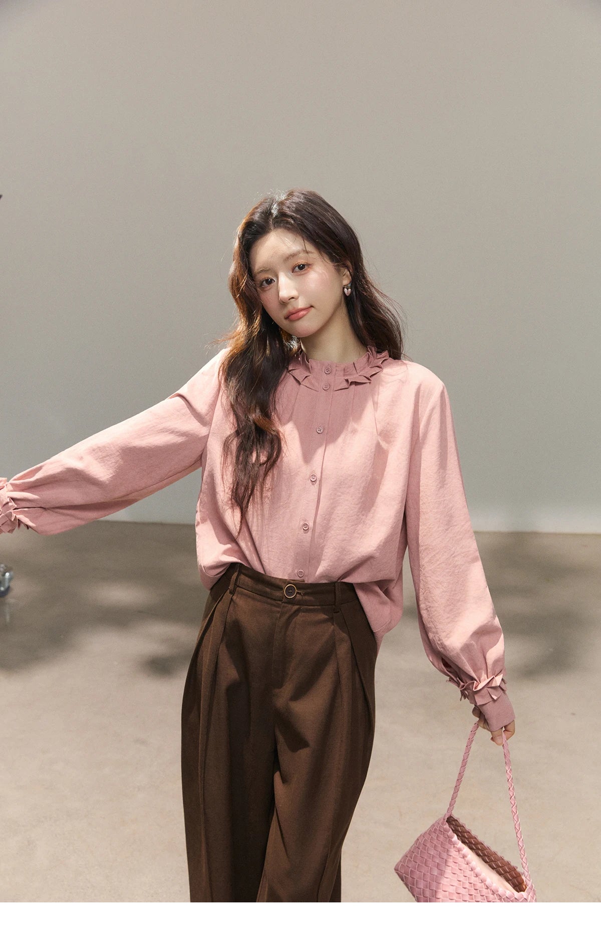 MISHOW Peach Skin Solid Shirt Ruffled Crew Neck MXF11C2431