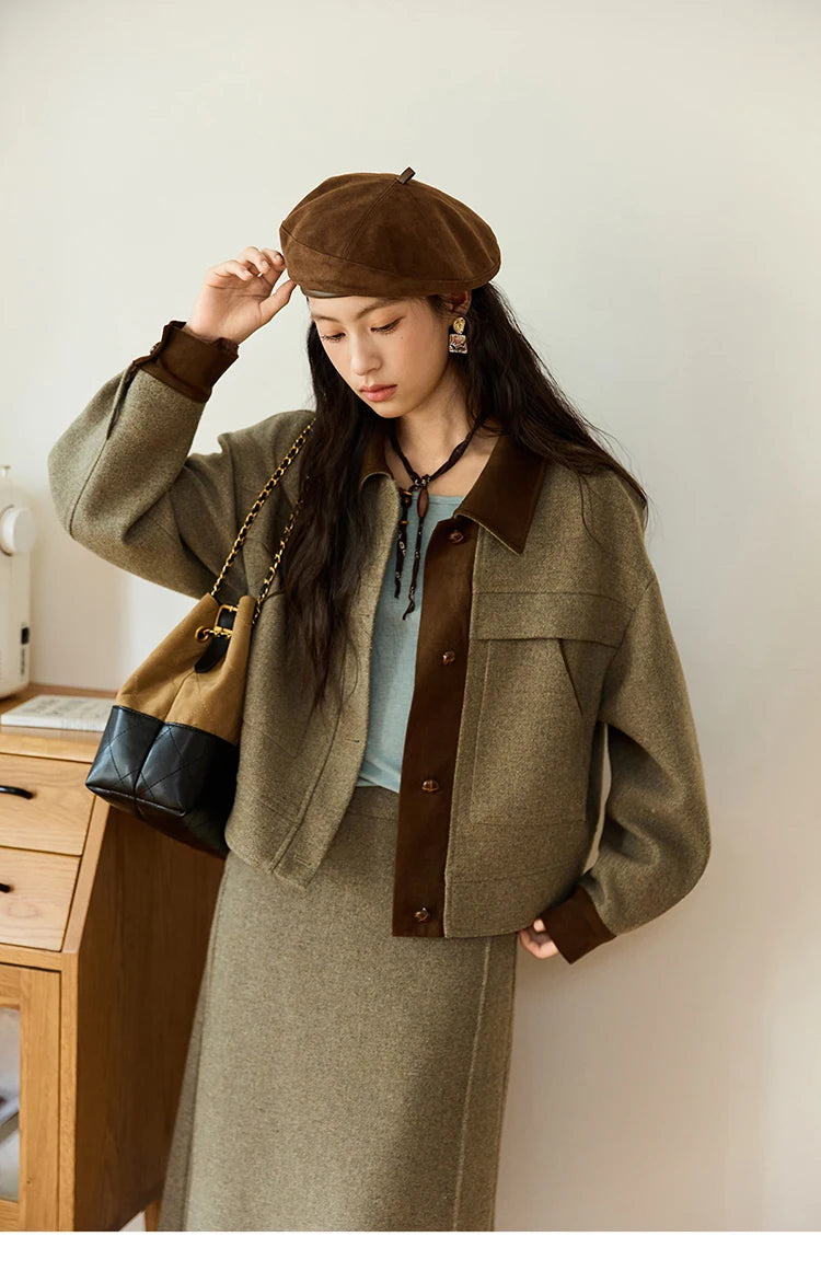 Mishow Contrast Suede Patchwork Wool Coat MXE46W0844