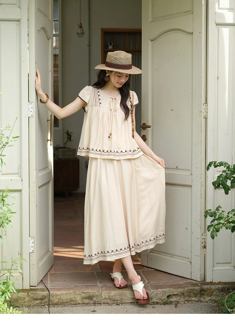 Mishow Embroidery Flying Sleeve Top & Elastic Waist Skirt Set MXE39T0667