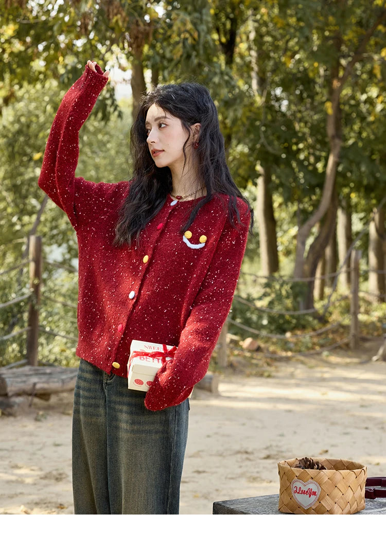 Mishow Smile Embroidery Contrast Color Wool Cardigan MXD35Z0988