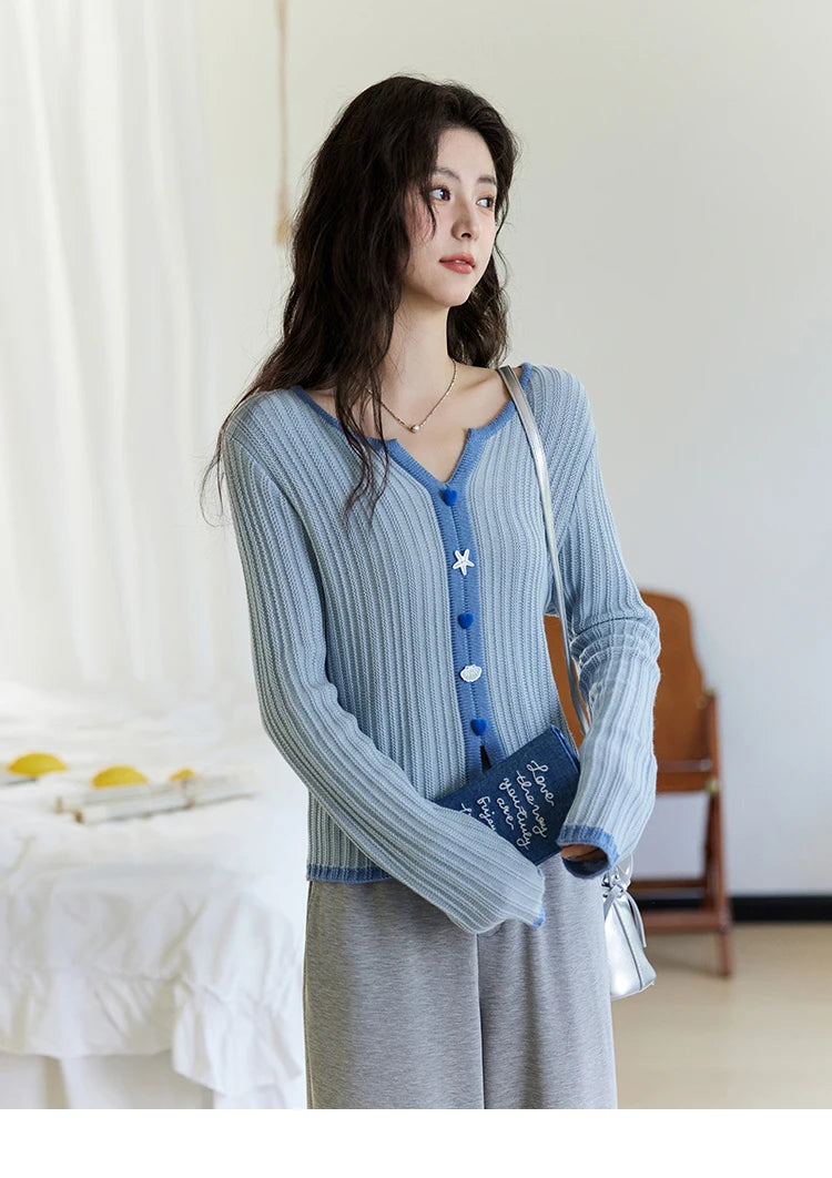 Mishow Blue V-Neck Shell Button Wool Blend Sweater MXE14Z1184