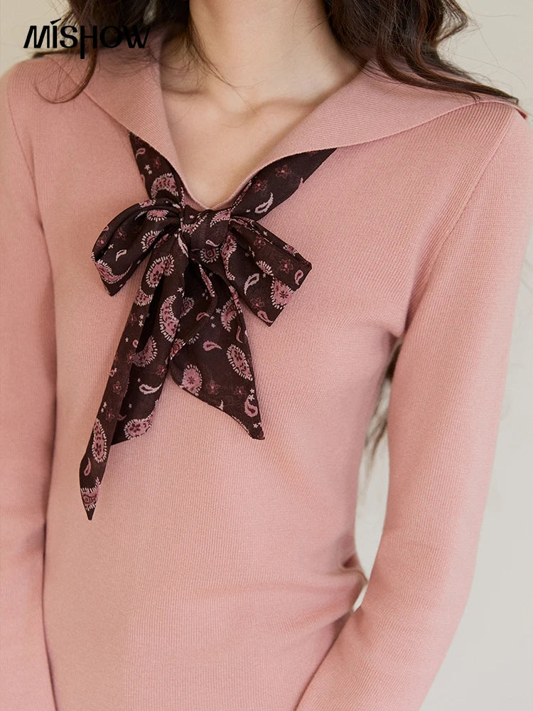 Mishow Pink Polo Neck Detachable Scarf Sweater MXF108Z1032