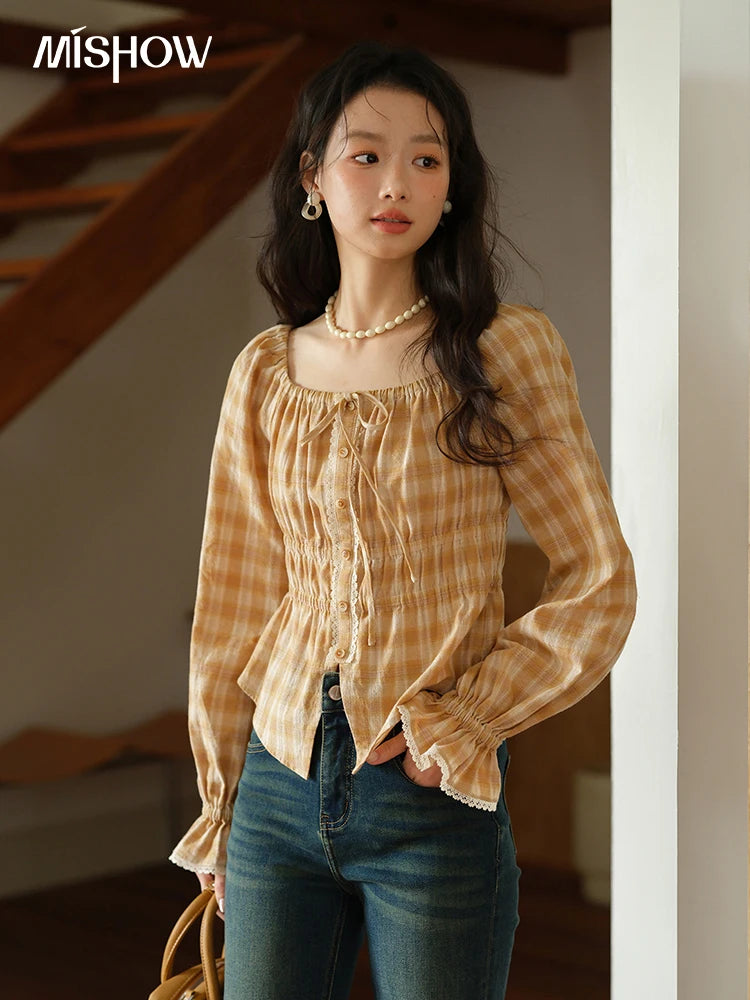 MISHOW Yellow Plaid Blouse Square Neck Puff Sleeve MXE43X1986