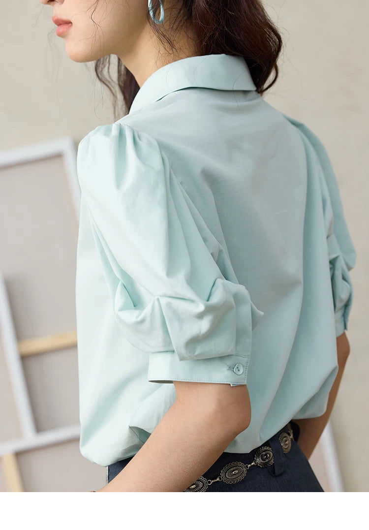 MISHOW Light Green Bubble Sleeve Shirt Lapel Collar Irregular Buttons MXE34C0788