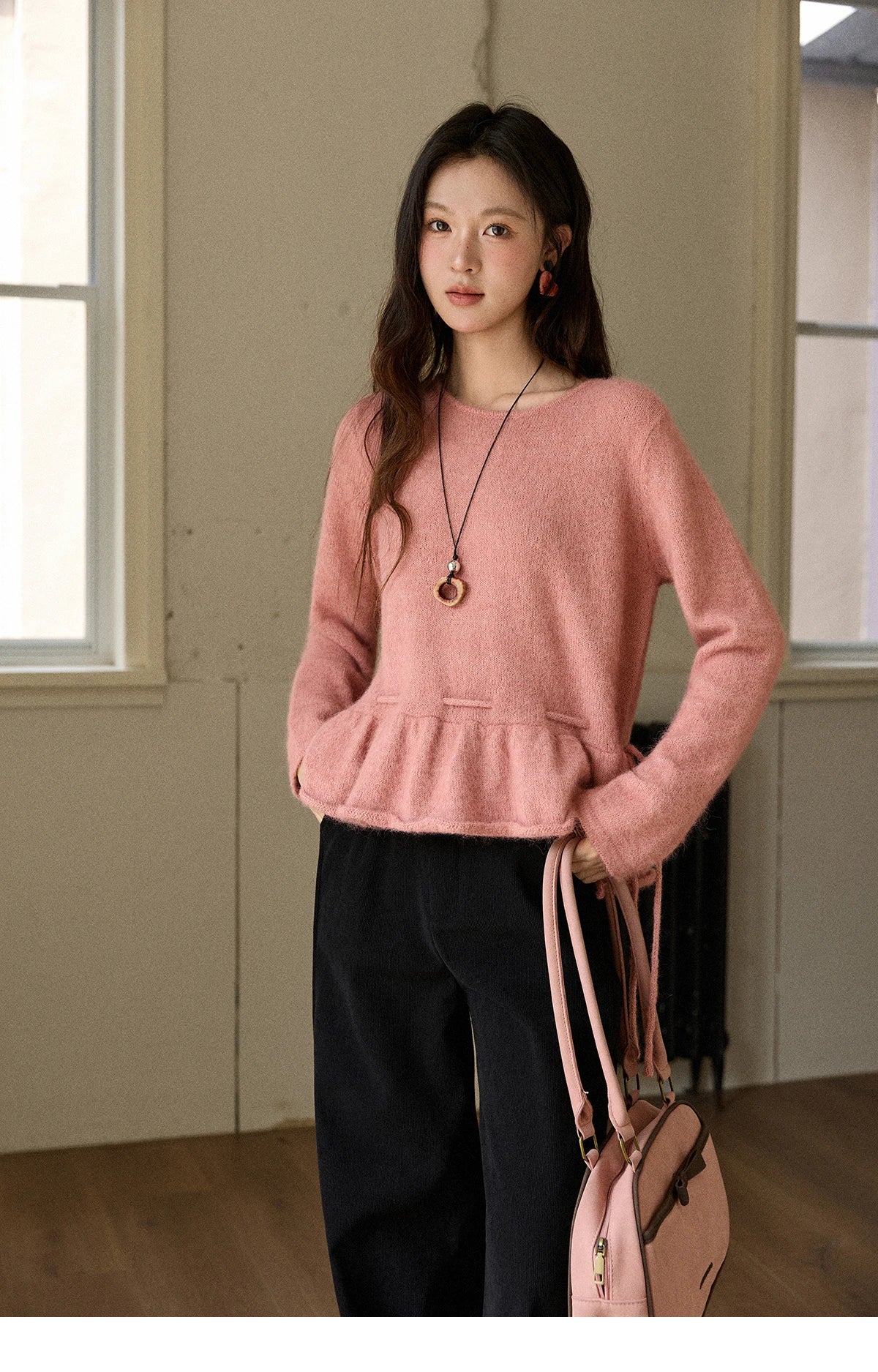 Mishow French Pink Ruffled Hem Pullover with Drawstring Belt MXE90Z2824