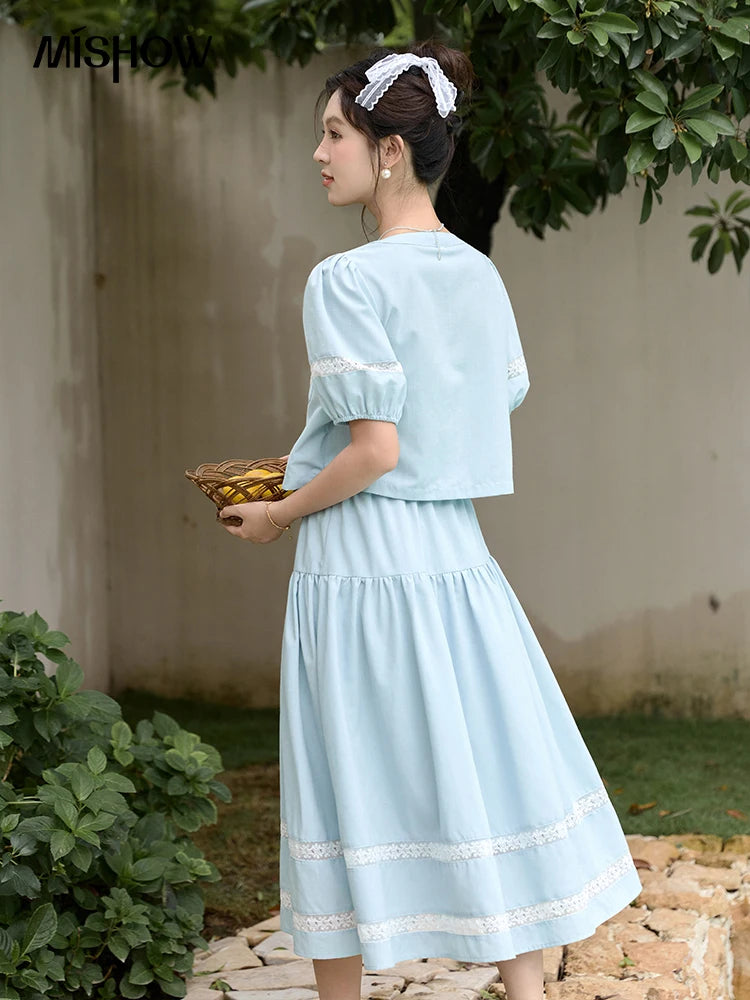 MISHOW Blue Lace Patchwork Top Elastic Waist Skirt Set MPD22B0450