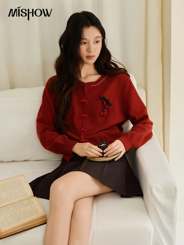 Mishow Bow Placket Lantern Sleeve Cardigan with Brooch MXE45Z1377