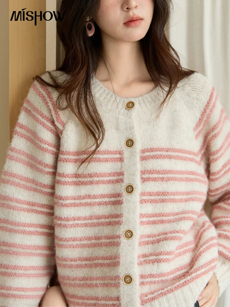 Mishow Pink Striped Wool Blend Cardigan MXE49Z2615