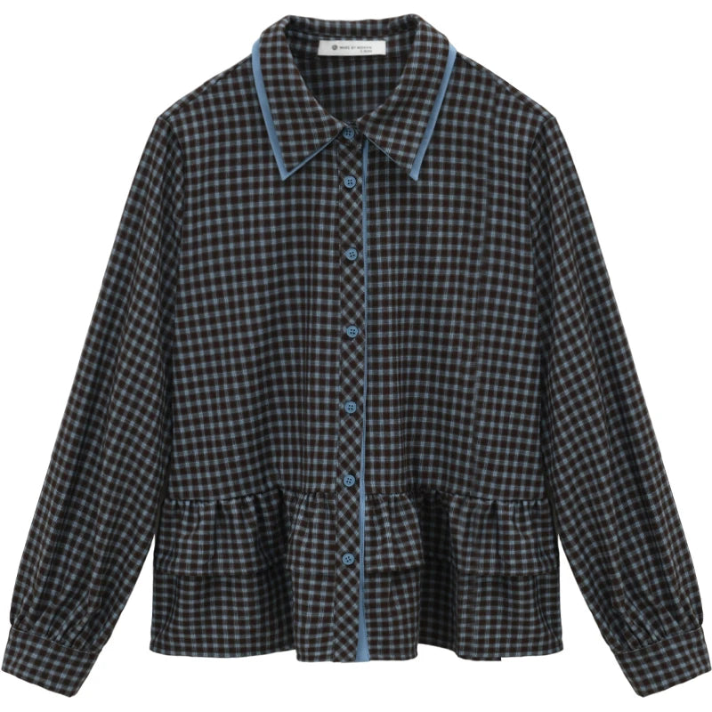 MISHOW Blue Plaid Shirt Lantern Sleeves Ruffled Hem MXE89C2420