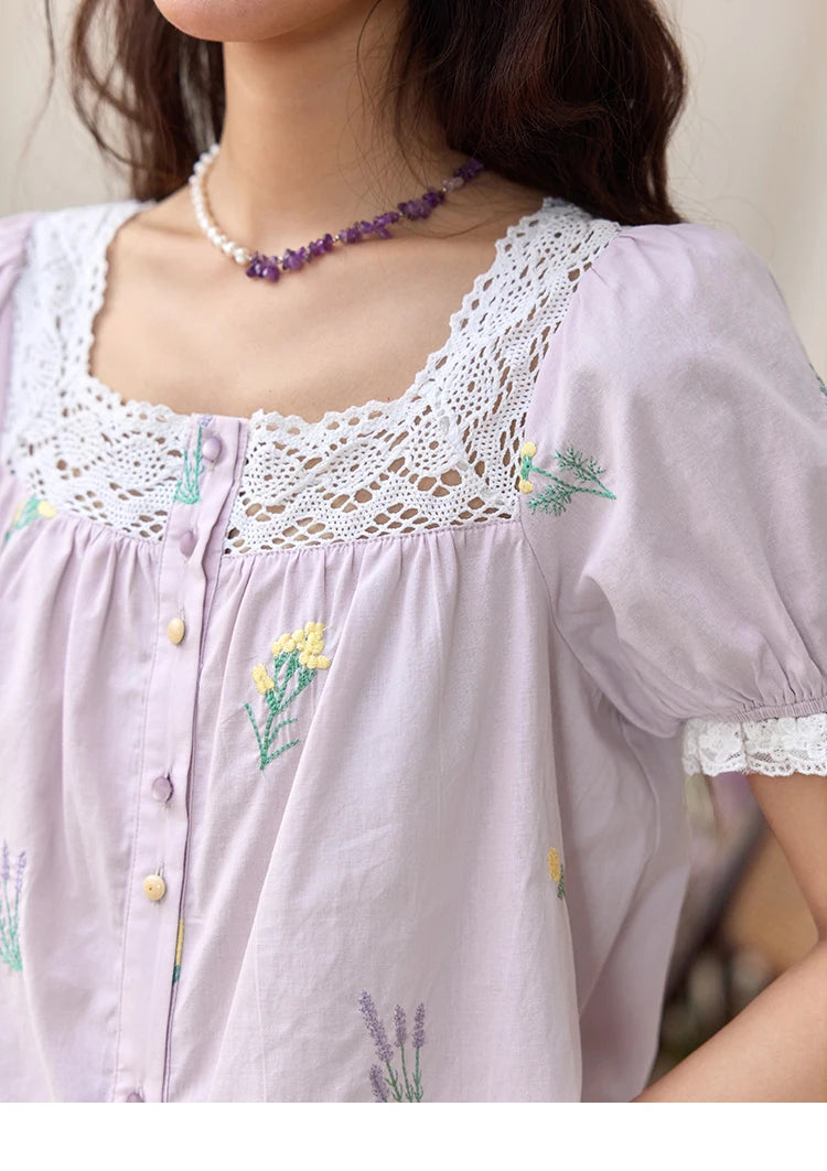 MISHOW Lace Patchwork Square Collar Blouse Puff Sleeve MXE36X1830