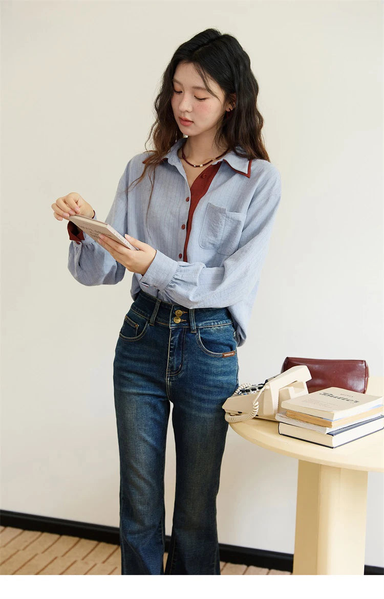 MISHOW Blue Red Striped Shirt Contrast Splicing Lapel MXE46C2405