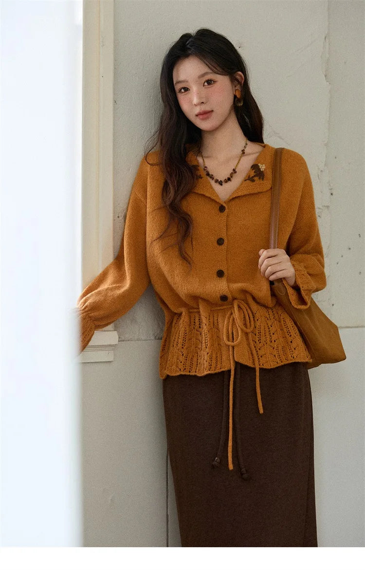 Mishow Orange Openwork Crochet Flared Sleeve Cardigan MXE87Z2685