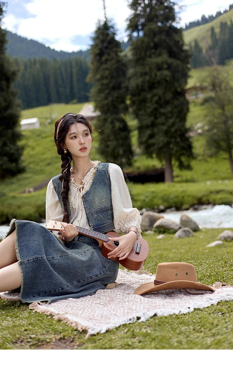 MISHOW Washed Hem Fringed Denim Midi Skirt A-Line Retro MXD41B0453