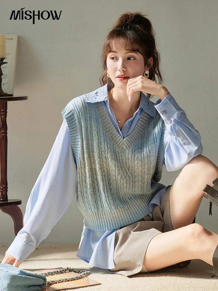 MISHOW Casual Loose Shirt Embroidery Hollowed Out Turn-Down Collar MXC41C0077