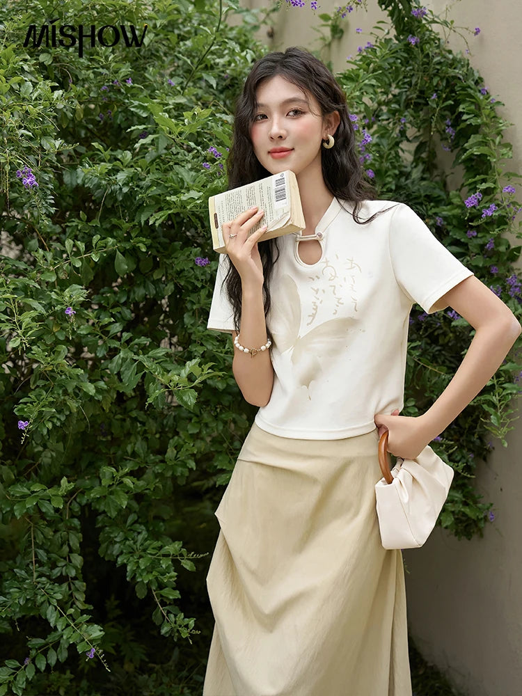 Mishow Chinese Stand Collar Ink Print Top & Pleated Skirt Set MXD27T0272