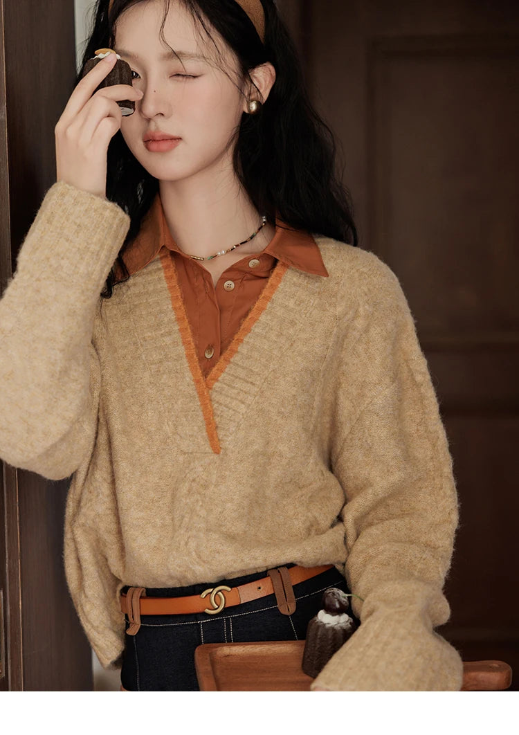 Mishow Vintage False Two-Piece V-Neck Knit Top MXD42Z0695