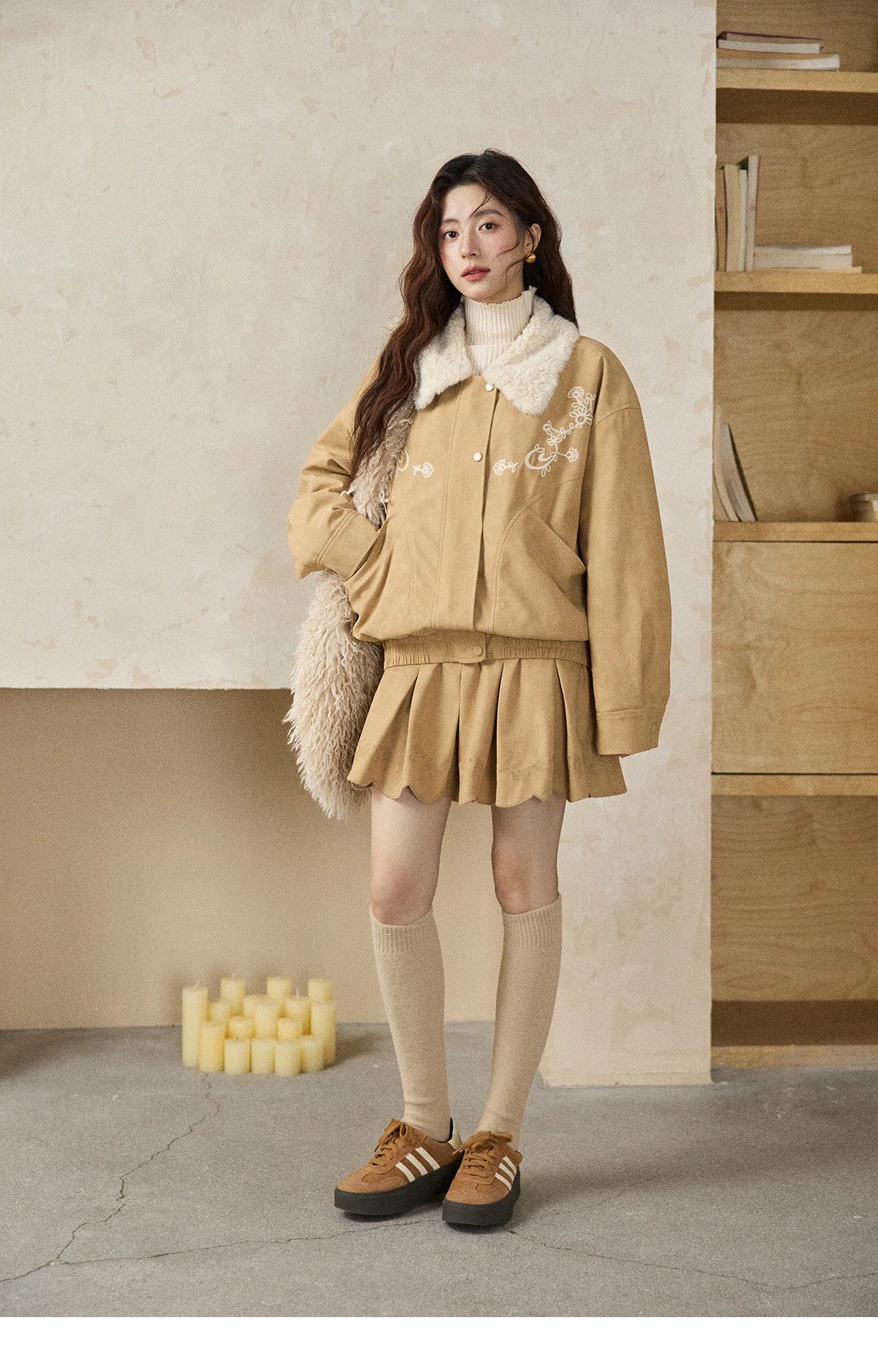 Mishow French Yellow Floral Embroidered Plush Zip-Up Coat MXE87W0932