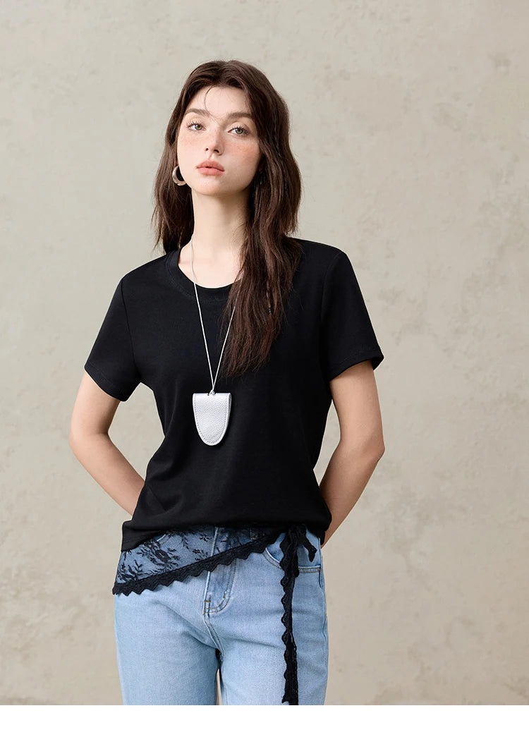Mishow Solid Straight Shoulder Lace Trim Tee MXE31T0532
