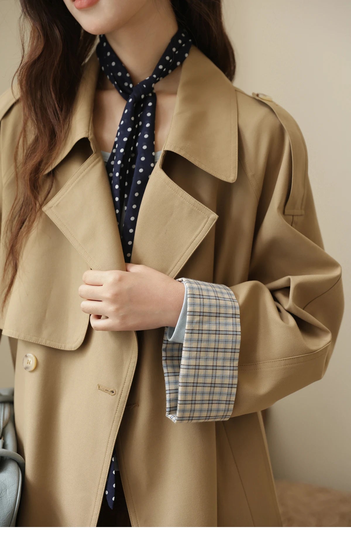 Mishow Khaki Retro Plaid Flip Sleeve Trench Coat MXE44W0814
