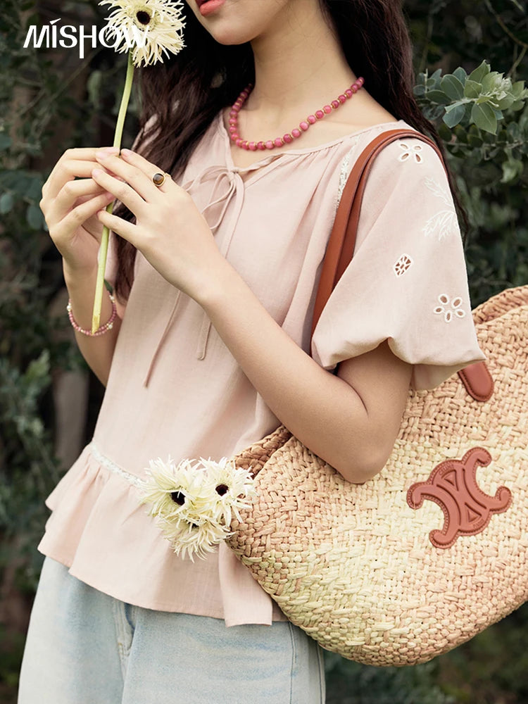MISHOW Puff Sleeve Blouse Round Neck Hollow Embroidery MXE31X1747