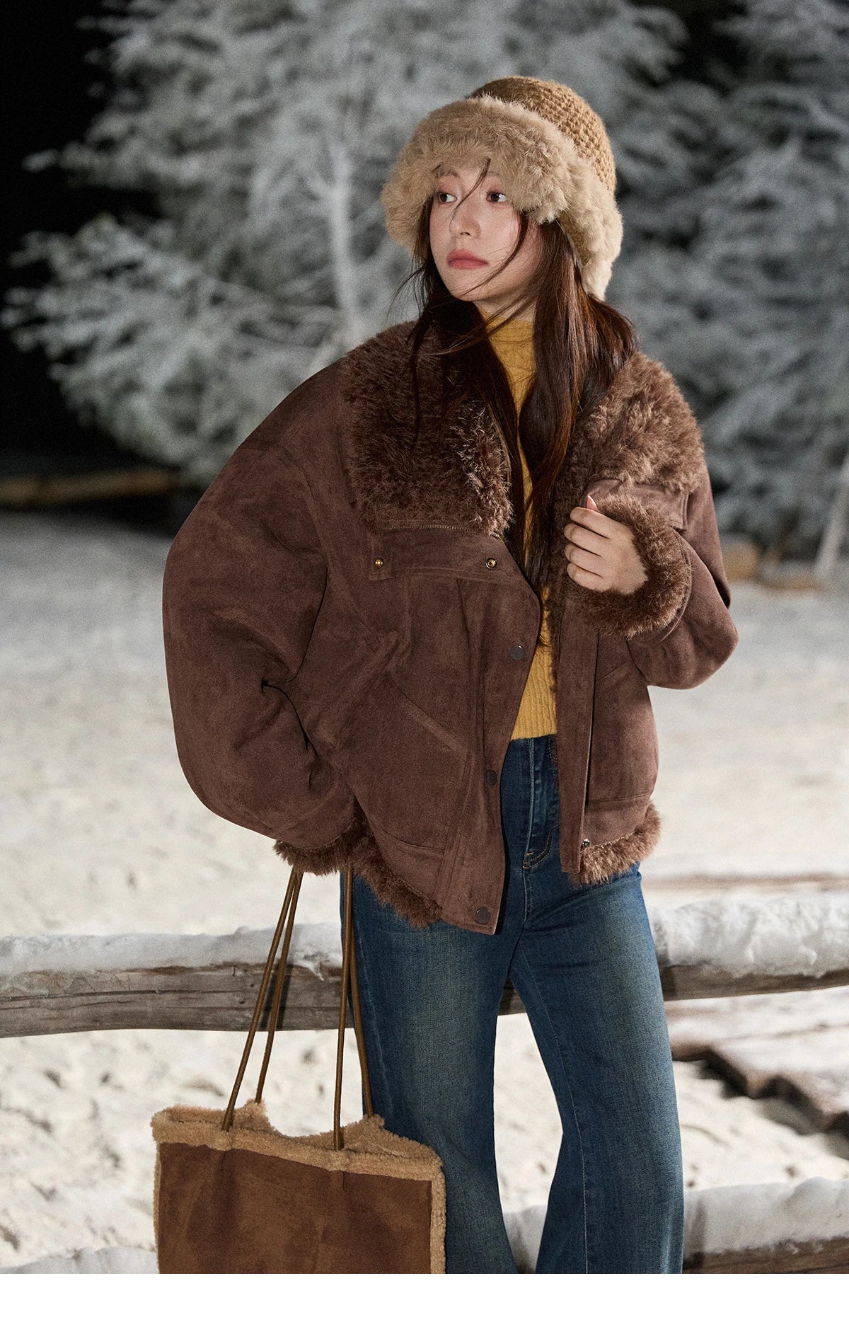 MISHOW Blue Plush Jacket Turn-Down Collar Zip-Up Loose MXE87W0917