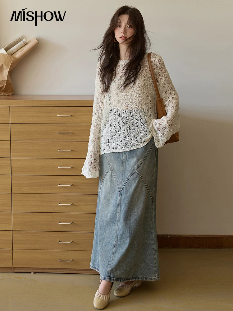 Mishow Hollow Jacquard Dropped Sleeve Sweater MXE43Z1360