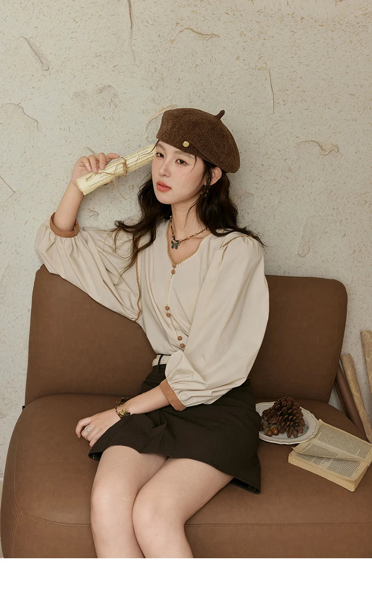 MISHOW French Retro V-Neck Shirt Lantern Sleeve Double Button MXD26X1597