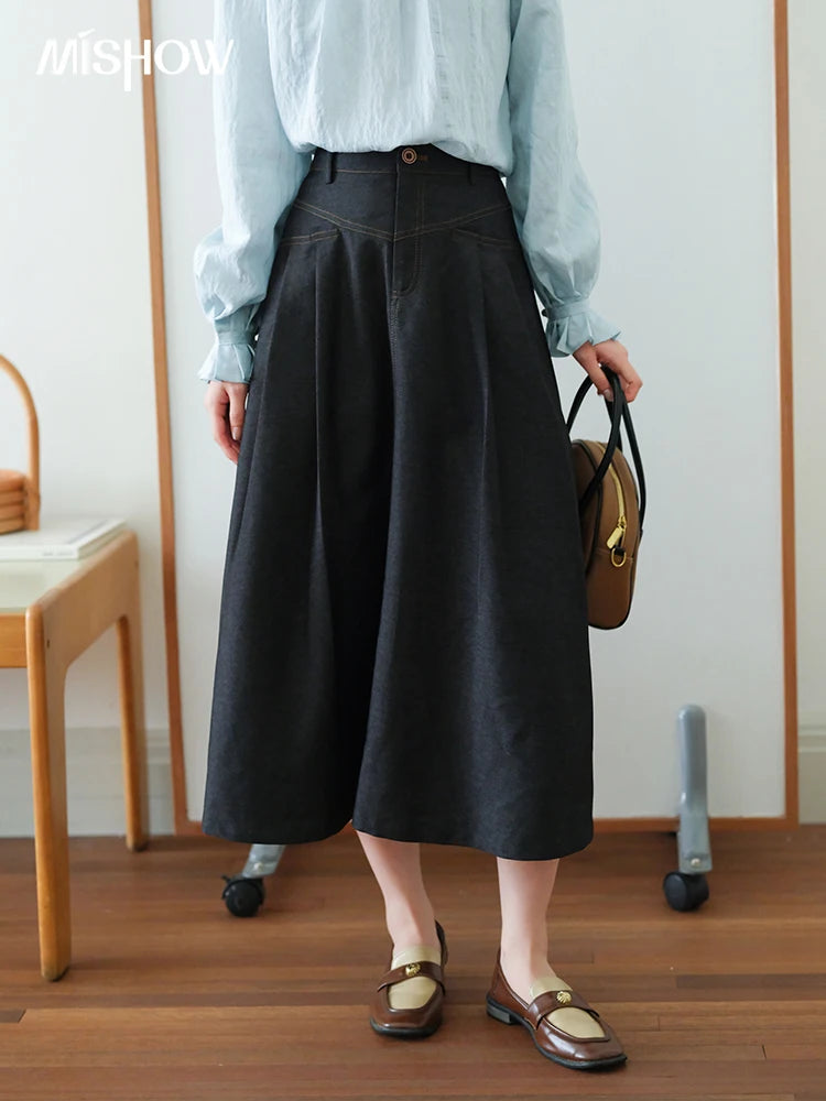 MISHOW High Waist Pleated Umbrella Denim Skirt A-LINE MXE41B2372