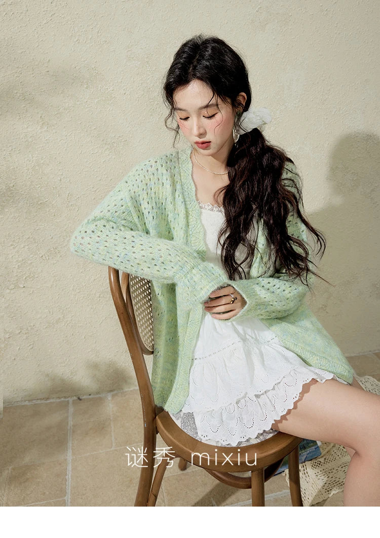 Mishow Green Hollow Out Wave Neck Cardigan MXE12Z1212
