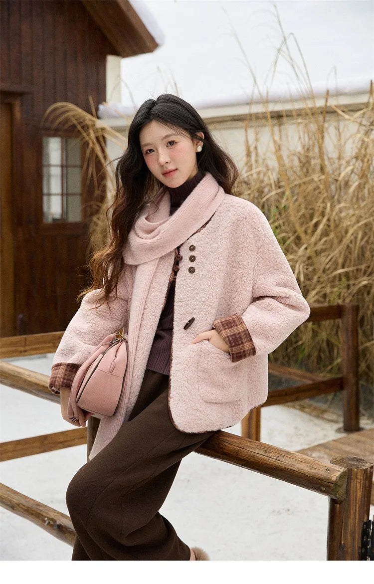 Mishow Plaid Patchwork Lamb Wool Round Neck Coat MXE90W0923