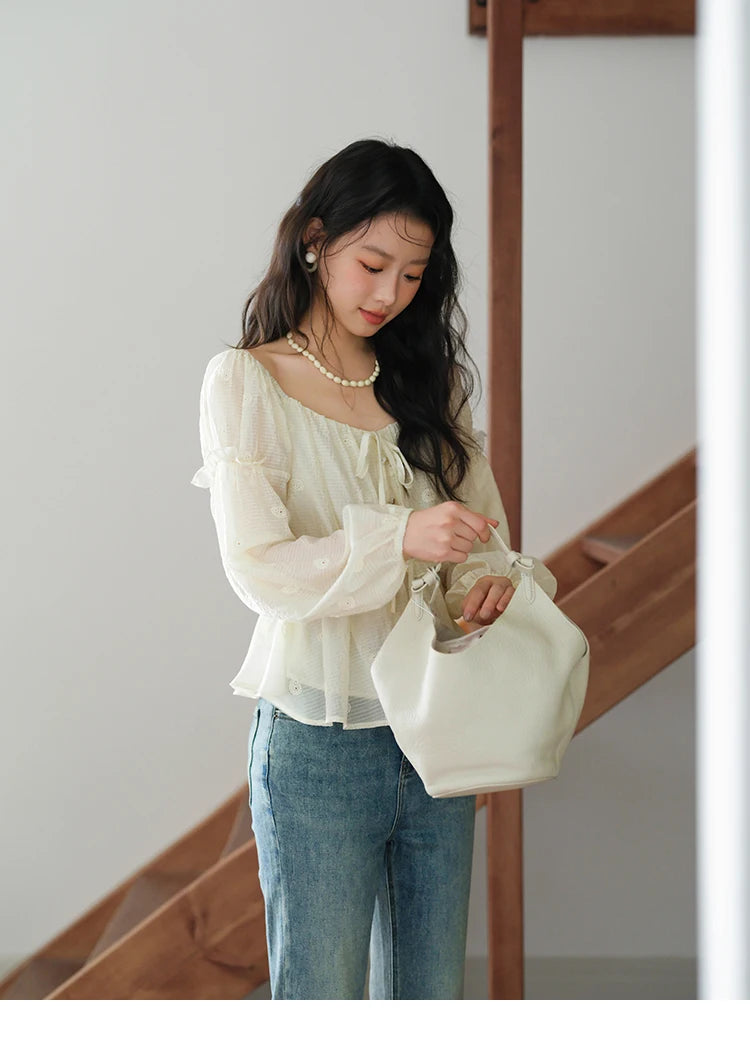 MISHOW Cashew Flower Embroidered Blouse V-Neck Lace Up Puff Sleeve MXE41X1945