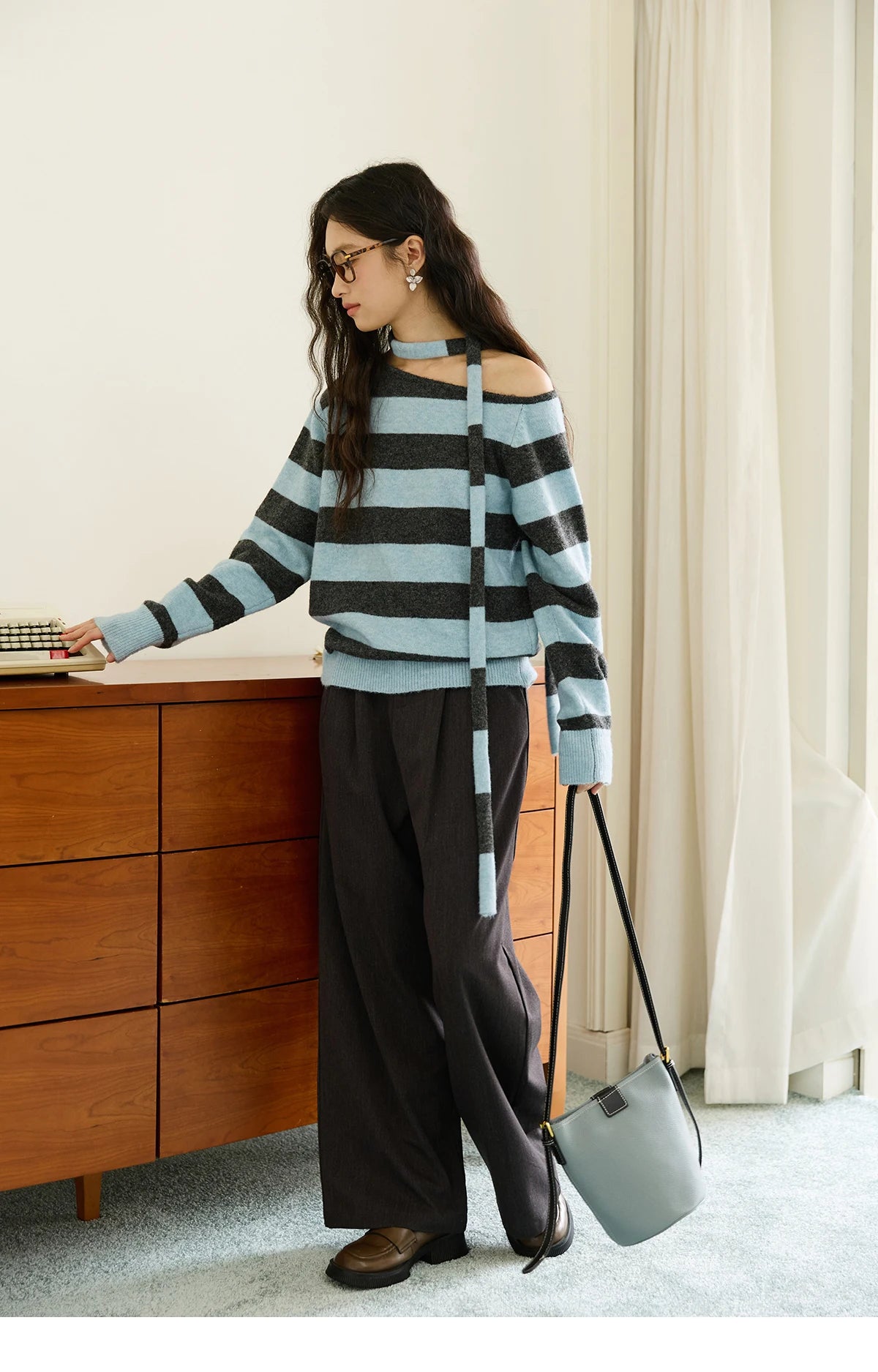 Mishow Blue Gray Slanted Shoulder Ribbon Sweater MXE46Z2540