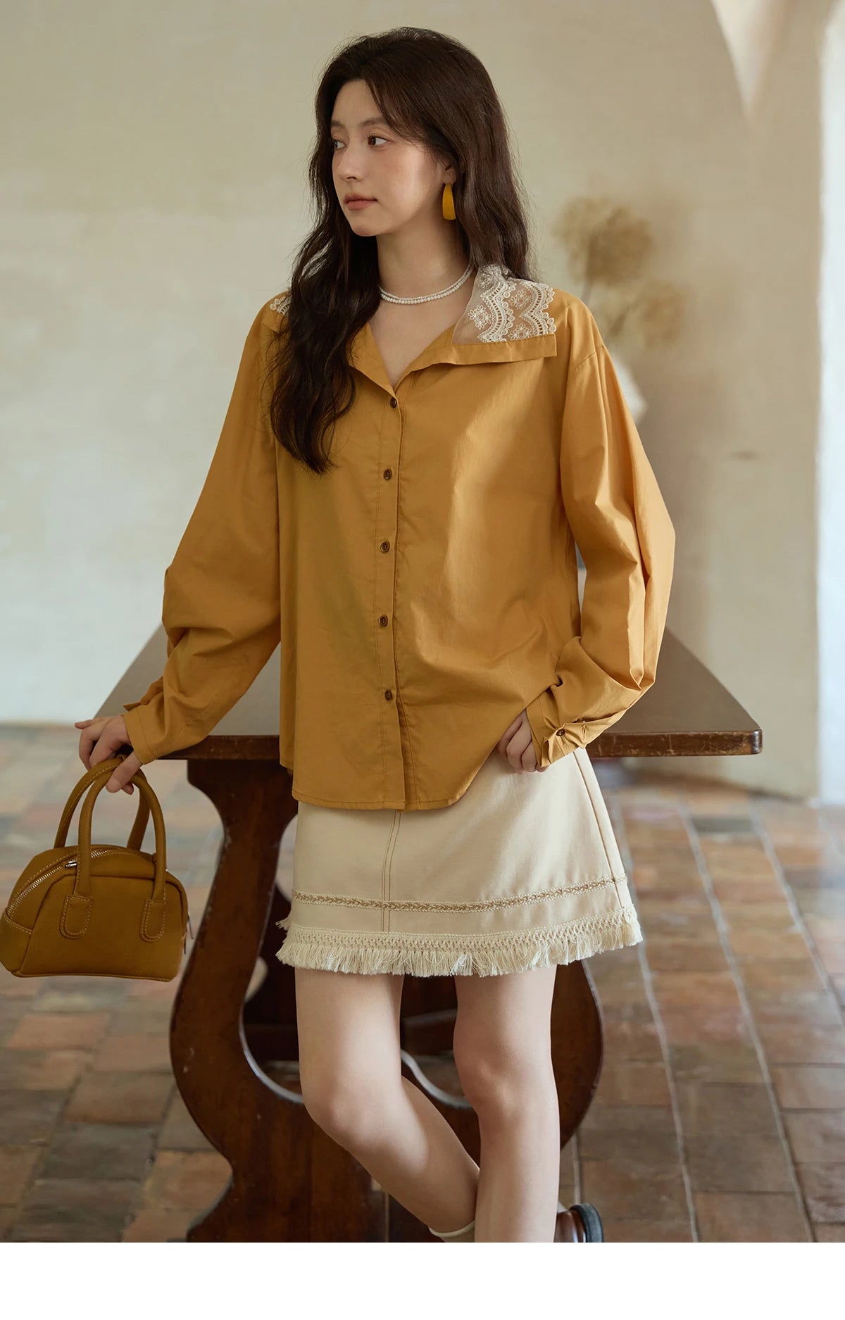 MISHOW Solid Cotton Shirt V-Neck Double Layer Lace MXE41C2366