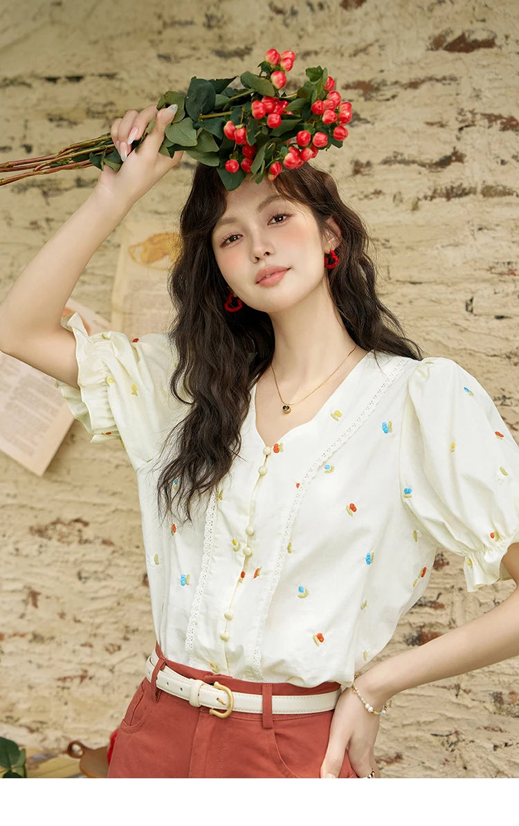 MISHOW 100% Cotton Square Neck Blouse Embroidered Lace Patchwork Puff Sleeve MXD22X1420