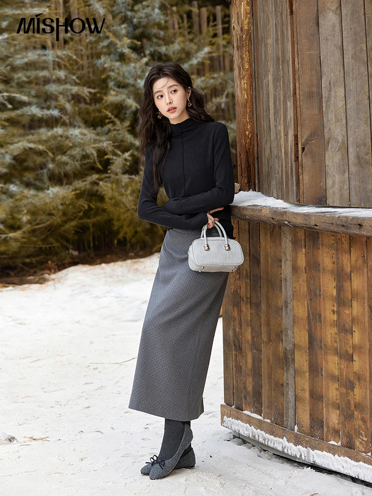 MISHOW High Waist Wave Point Split Skirt A-LINE Midi Zipper MXD58B0630