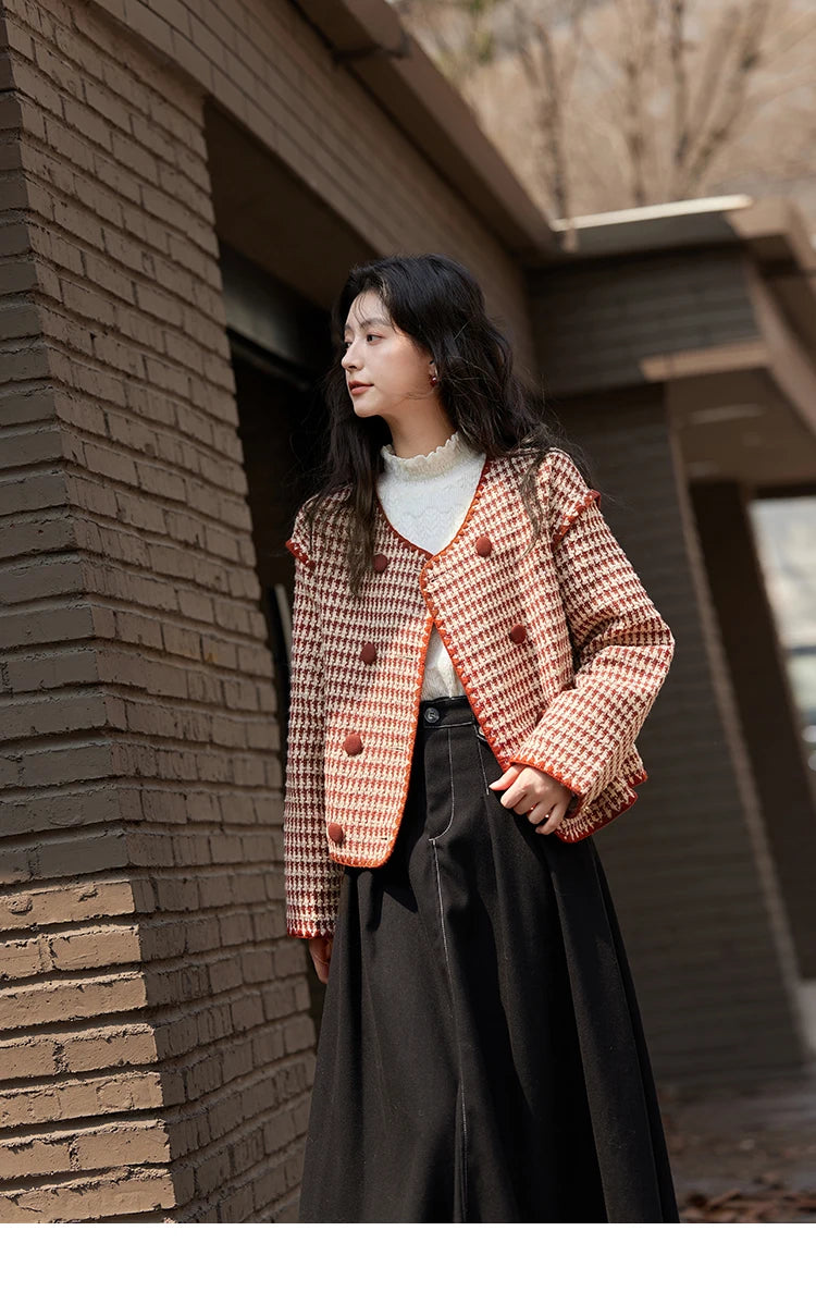 Mishow Red Plaid Double Breasted Tweed Jacket MXD56W0631