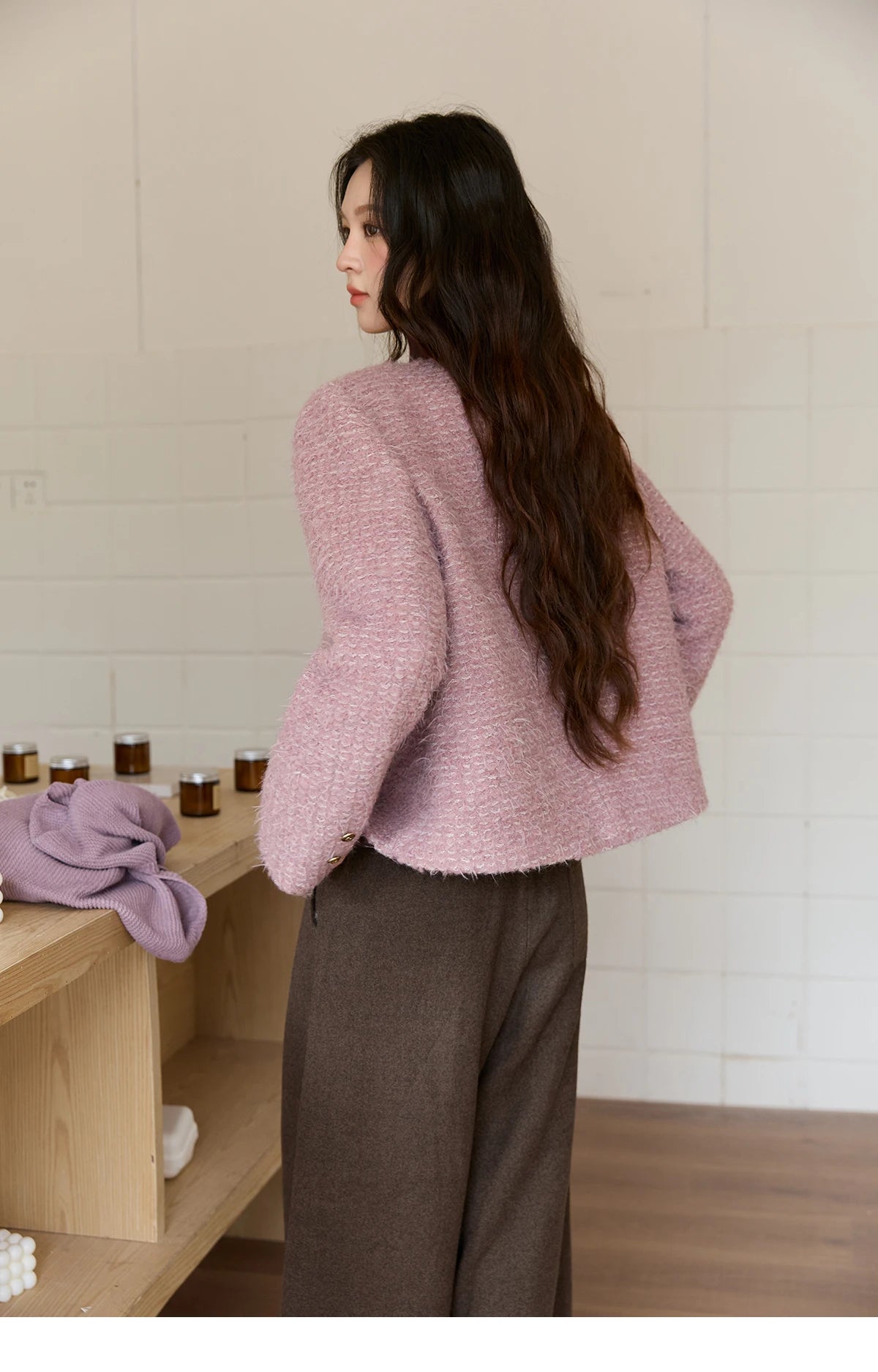 Mishow Purple Double-Breasted Tweed Wool Coat MXE88W0881