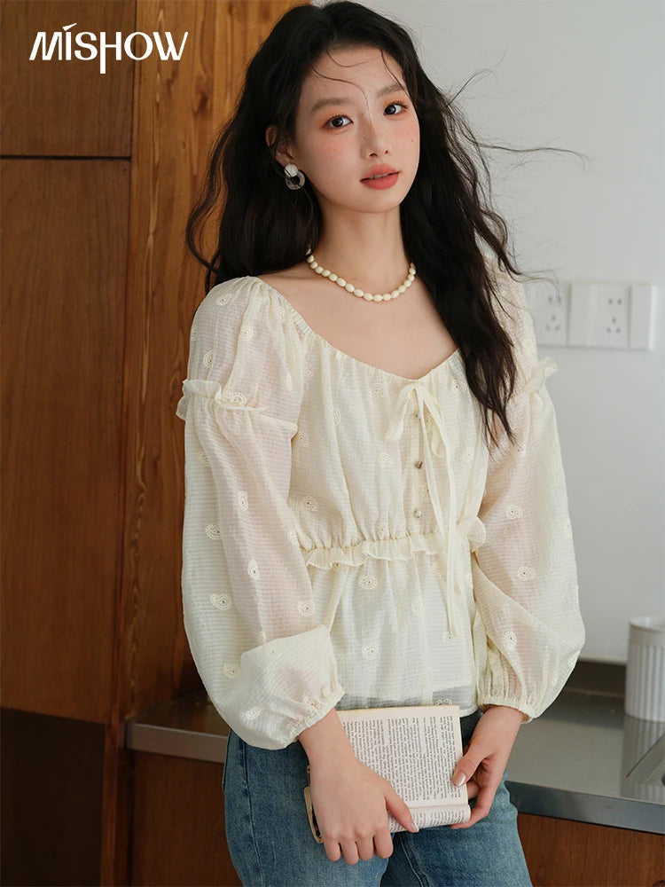 MISHOW Cashew Flower Embroidered Blouse V-Neck Lace Up Puff Sleeve MXE41X1945